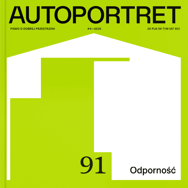 Zielona Okładka numeru z zielonym kształtem przypominającym "wybrakowany" budynek z dachem